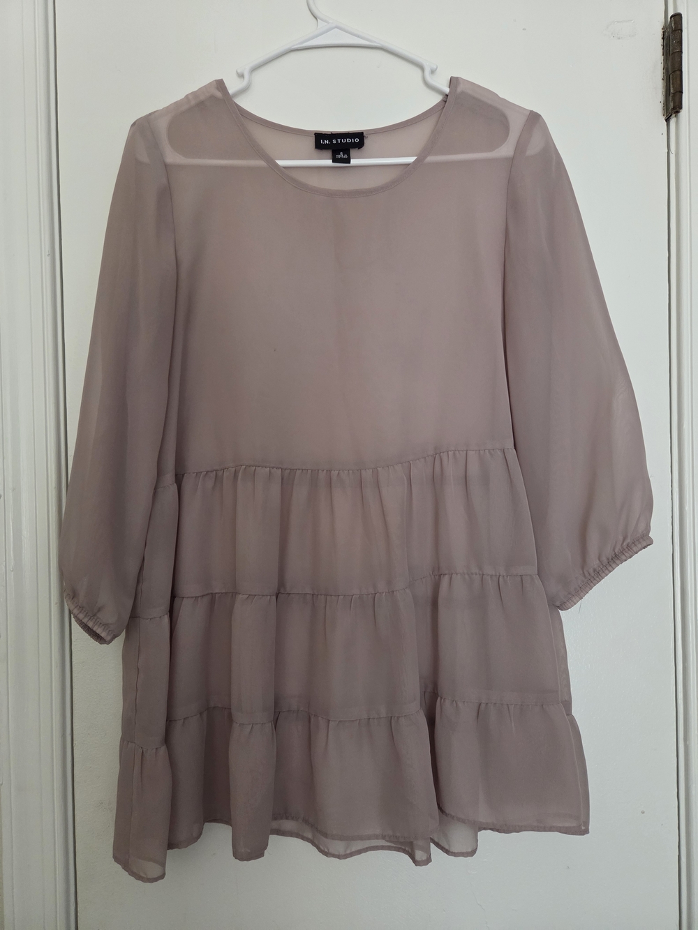 I.N. Studio Mauve Chiffon Tiered Babydoll Tunic Blouse Lined 3/4 Sleeve Small